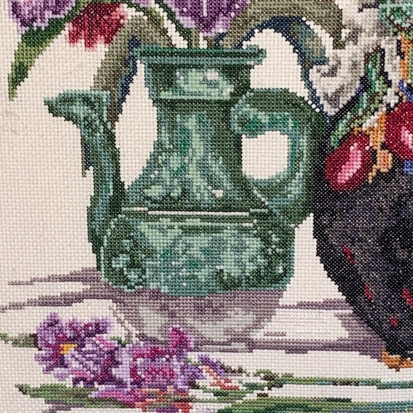 Beautiful Vintage Cross Stitch Picture With Vibrant Colors Signed Dated - Picture 8 of 13